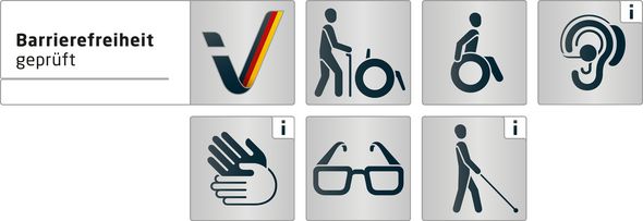 Barrierefreiheitsgerade der Tourist-Info Wolfenbüttel als Grafik: Barrierefrei für Rollstuhlfahrer, Gehbehinderte und Sehbehinderte, eingeschränkt Barrierefrei für Hörgeschädigte und Blinde.